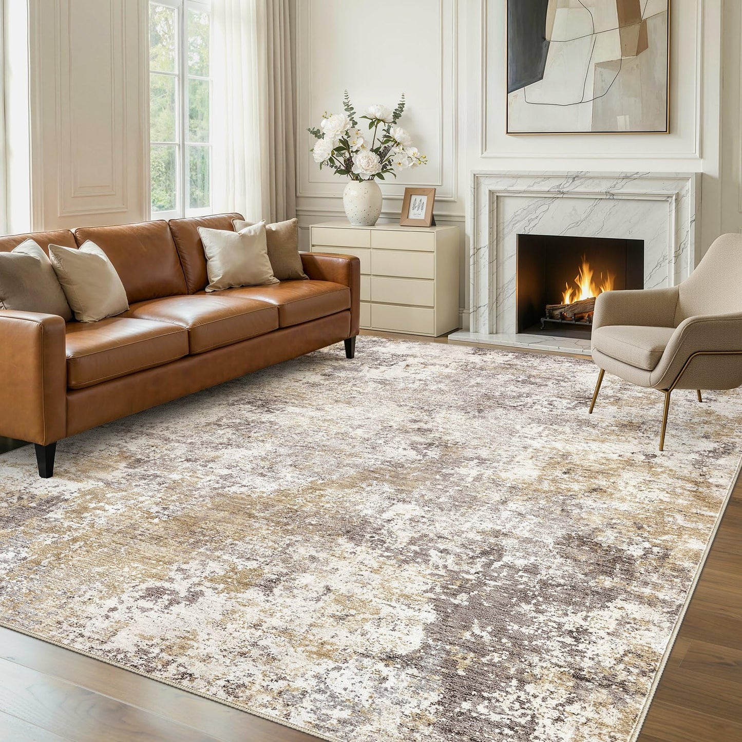 Nakagishi 9X12 Area Rugs for Living Room: Washable Modern Abstract Rug with Non-Slip Silicone Backing Low Pile Soft Carpet for Bedroom & Dining Decor Ideal for Families with Kids and Pets-Brown