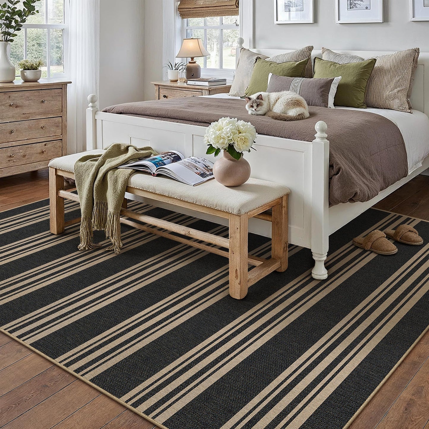 PureCozy Striped Easy Jute Rug 5x8 Black Living Room Carpet Washable Non Slip Bedroom Office Rug Farmhouse Neutral Non Shedding Indoor Outdoor Large Carpet for Kitchen Dining Room