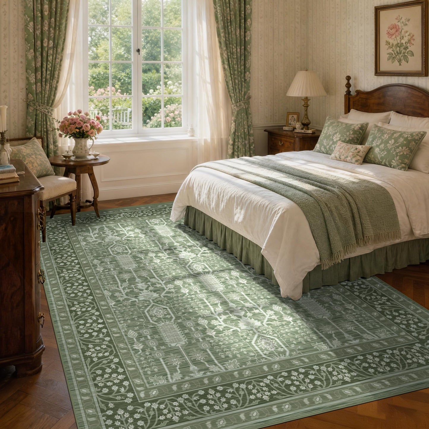 Deerly 5x7 Thin Area Rugs Living Room, Low Pile Soft Rugs with Non-Slip Backing Machine Washable Vinatge Boho Carpet for Bedroom Playroom Nurseryroom, Kid & Pet Friendly Print Floor Green Rug 5x7ft