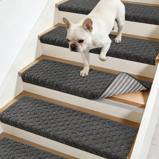 JSEI Bullnose Carpet Stair Treads, 14 Pcs Non Slip Stair Treads for Wooden Steps Indoor with TPE Backing, 11" x 30" Machine Washable Stair Runners with Edge Protection for Kids and Elders, Dark Grey