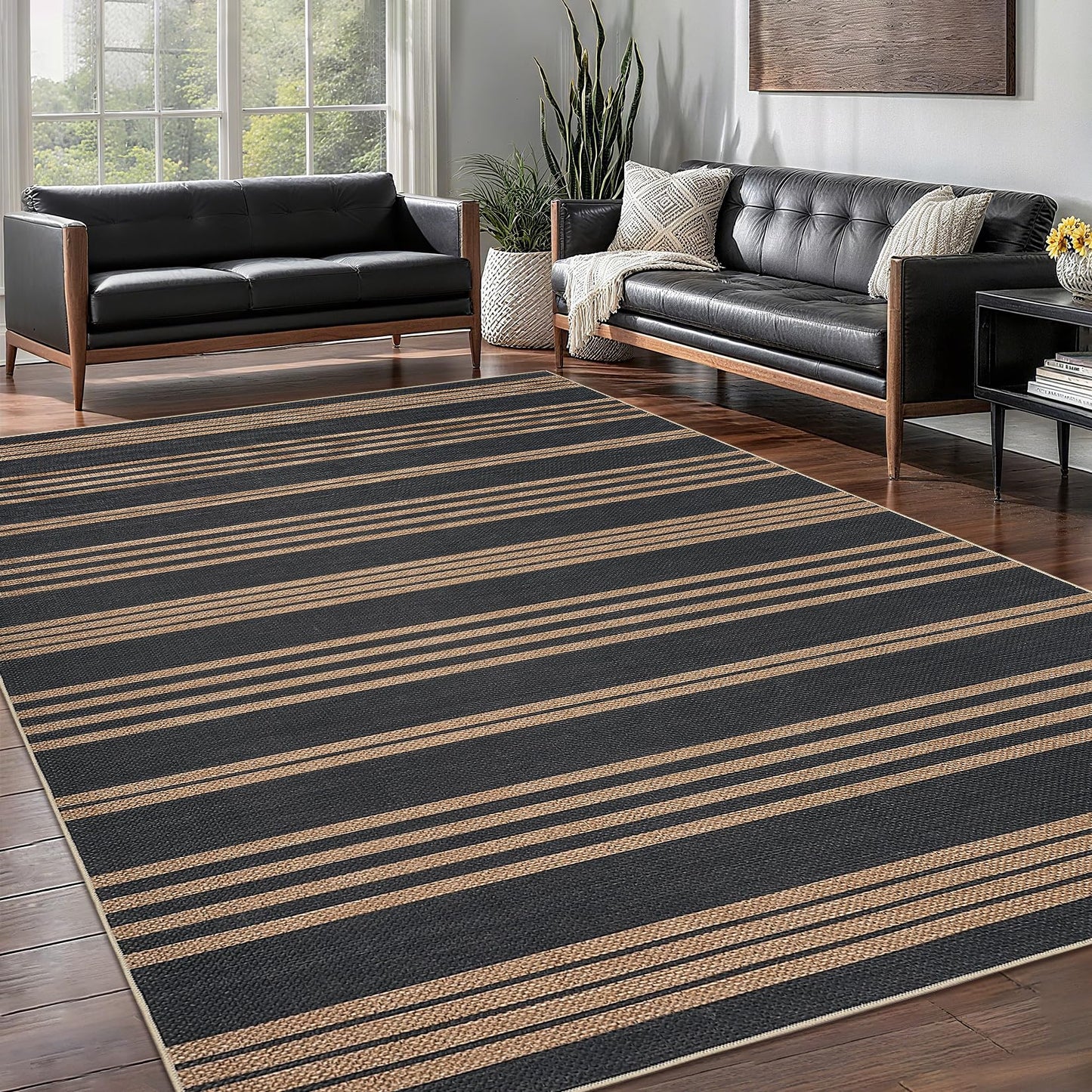 GAOMON 8x10 Outdoor Rug for Patio Easy Jute Rug for Living Room Classroom Office Modern Striped Bedroom Rugs Stain Resistant Indoor Outdoor Area Rug for Dining Room Balcony Black and Brown