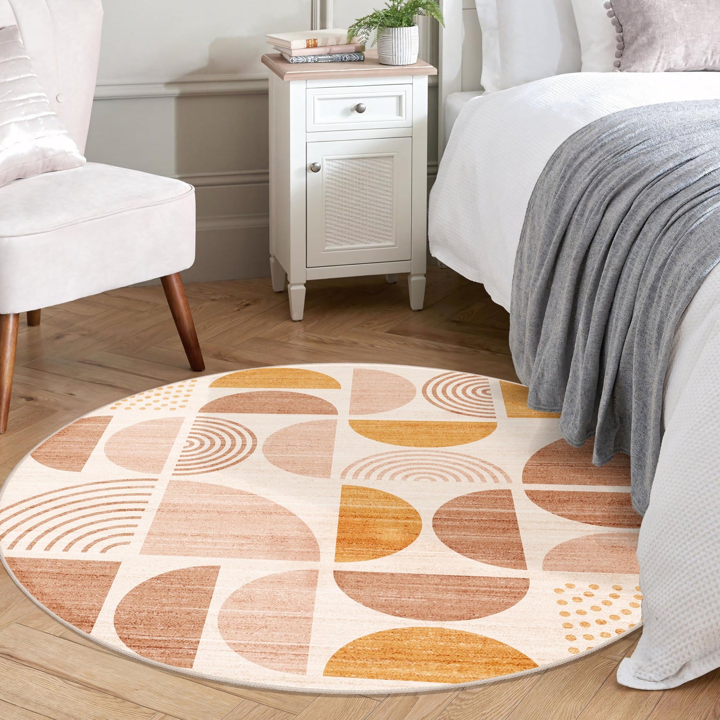 MUJOO Round Rug 4ft Small Circle Area Rug Washable Non Slip Modern Abstract