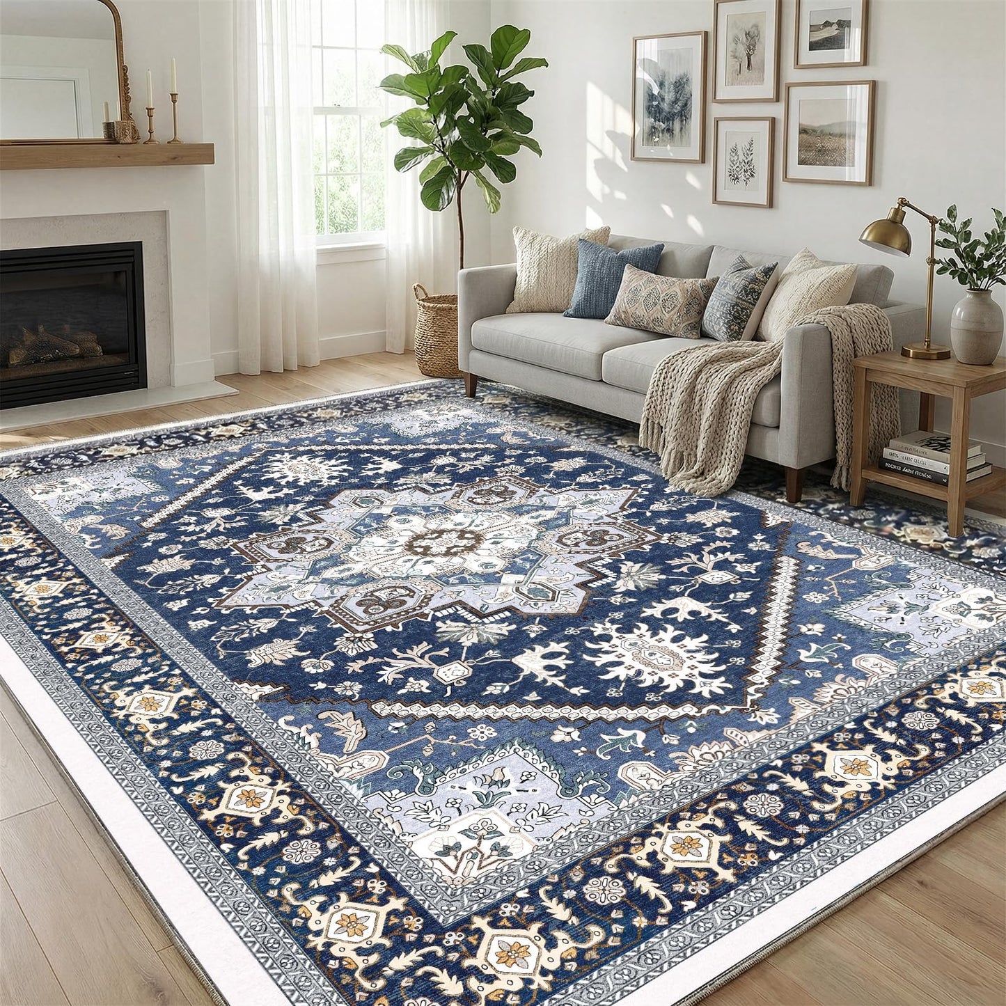OPPODREAM Soft 8x10 Area Rugs for Living Room, Washable 8x10 Rugs for Bedroom with Non Slip Backing, Faux Cashmere Low-Pile 8 x 10 Carpet, Navy Blue & Gold