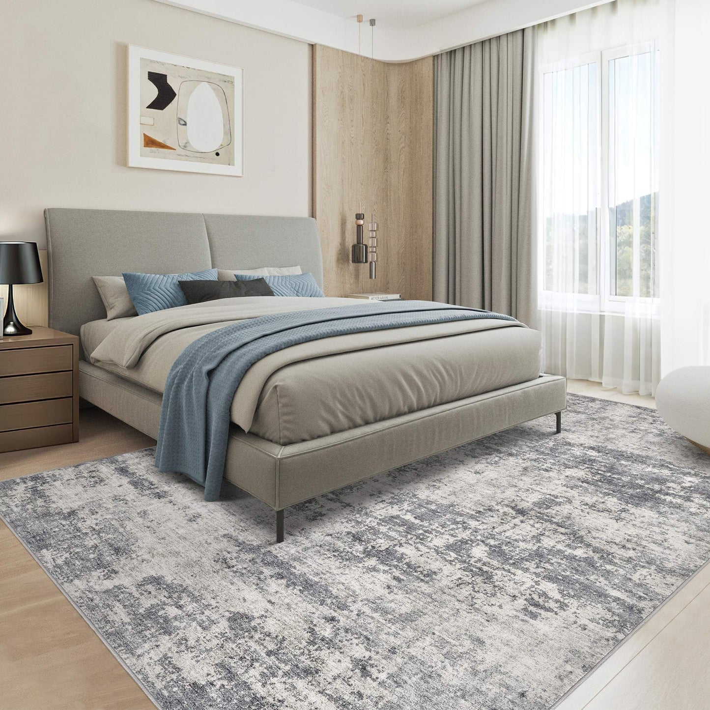 TARANCH Abstract 5x7 Area Rug: Machine Washable Non Slip Ultra Thin Low-Pile Carpet, Soft Stain Resistant for Living Room Bedroom Nursery, Kid Pet Friendly, Robot Vacuum Compatible - Dark Grey/Beige