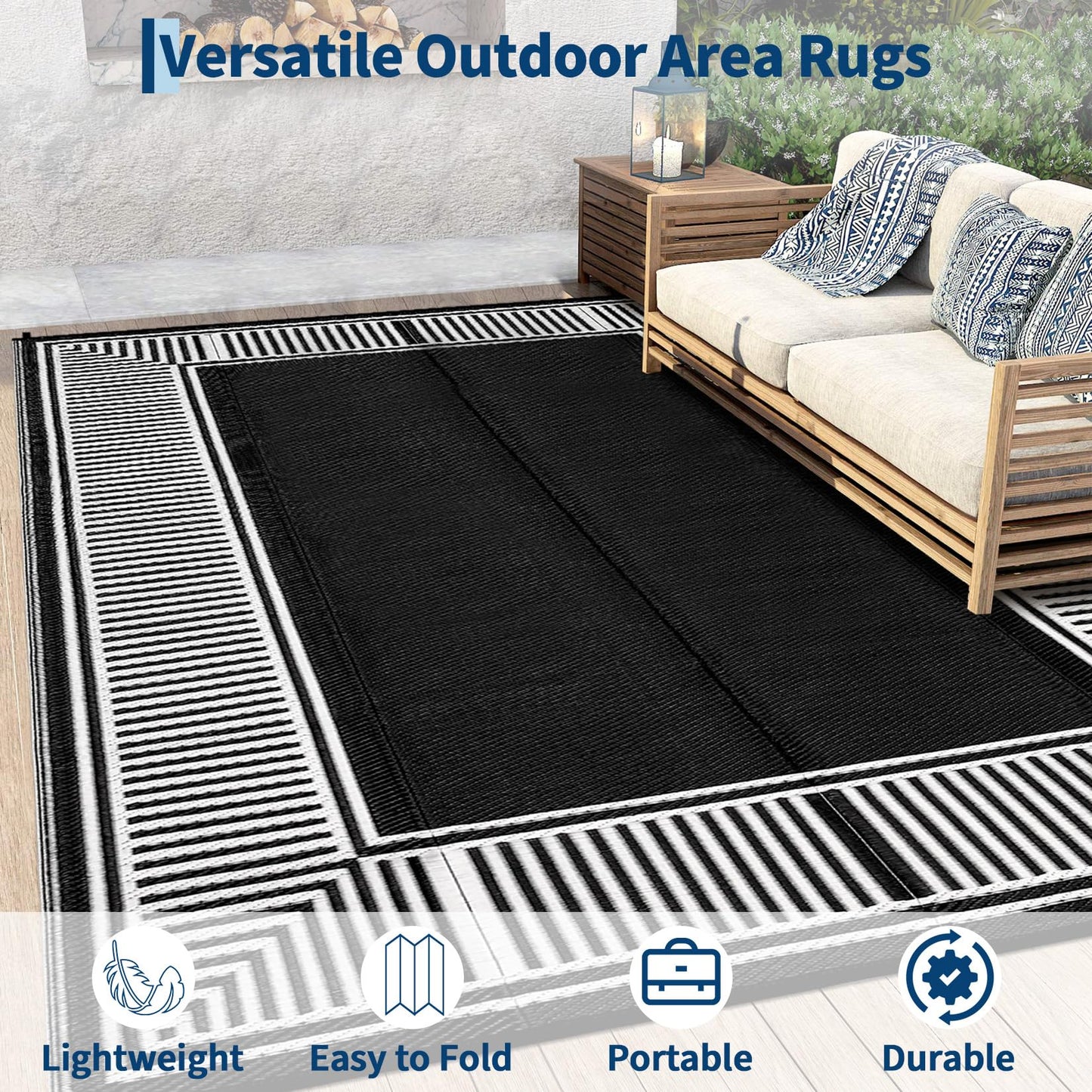 GAOMON Outdoor Patio Rug 8x10 Reversible Camping Mat, Stain-Resistant Plastic Straw Rug, Easy to Clean, Waterproof Indoor Outdoor Carpet for Porch, Deck, Balcony, Beach, GardenBorder-Black