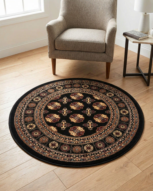 Rugs.com Bokhara Collection Rug – 3 Ft Round Black Medium-Pile Rug Perfect for Kitchens, Dining Rooms