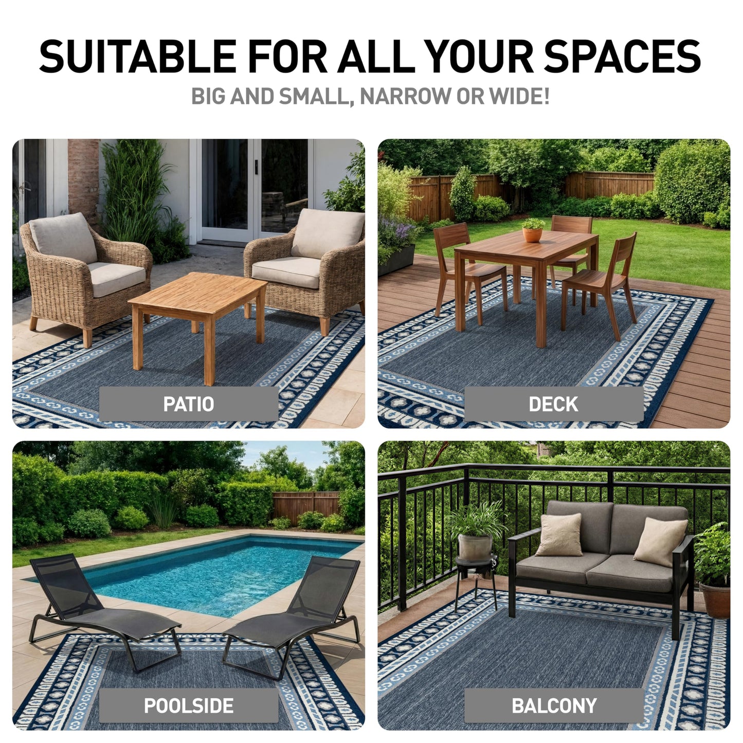 Rugshop Indoor/Outdoor High-Low Textured Area Rug, Coastal Border, Easy-Clean Patio Rug for Porch Deck Balcony 4' x 6' Navy