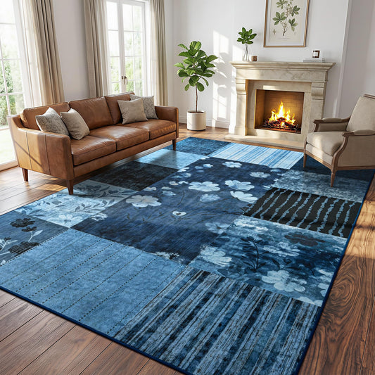 FALARK 6x9 Area Rug for Living Room, Modern Geometric Patchwork Large Rug, Washable Non-Slip Indoor Low Pile Carpet for Bedroom Dining Room Office Playroom Home Dorm Decor, Blue