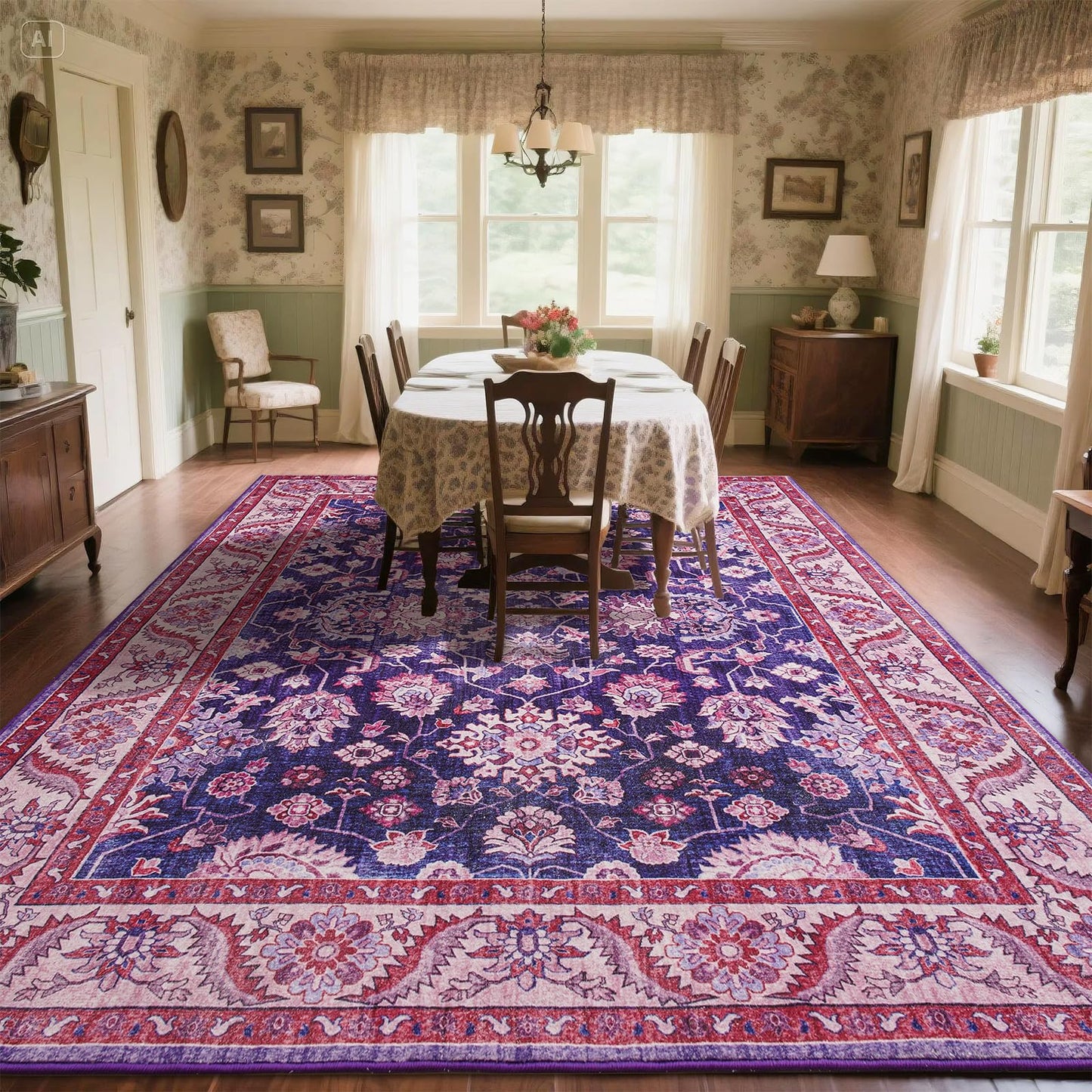 Rtizon Purple Area Rugs for Living Room, Washable 5x7 Area Rug for Bedroom, Retro Floral Carpet with Non-Slip Rubber Backing for Girls's Beside Dorm Home Office Dining Room Kitchen, Blue and Purple