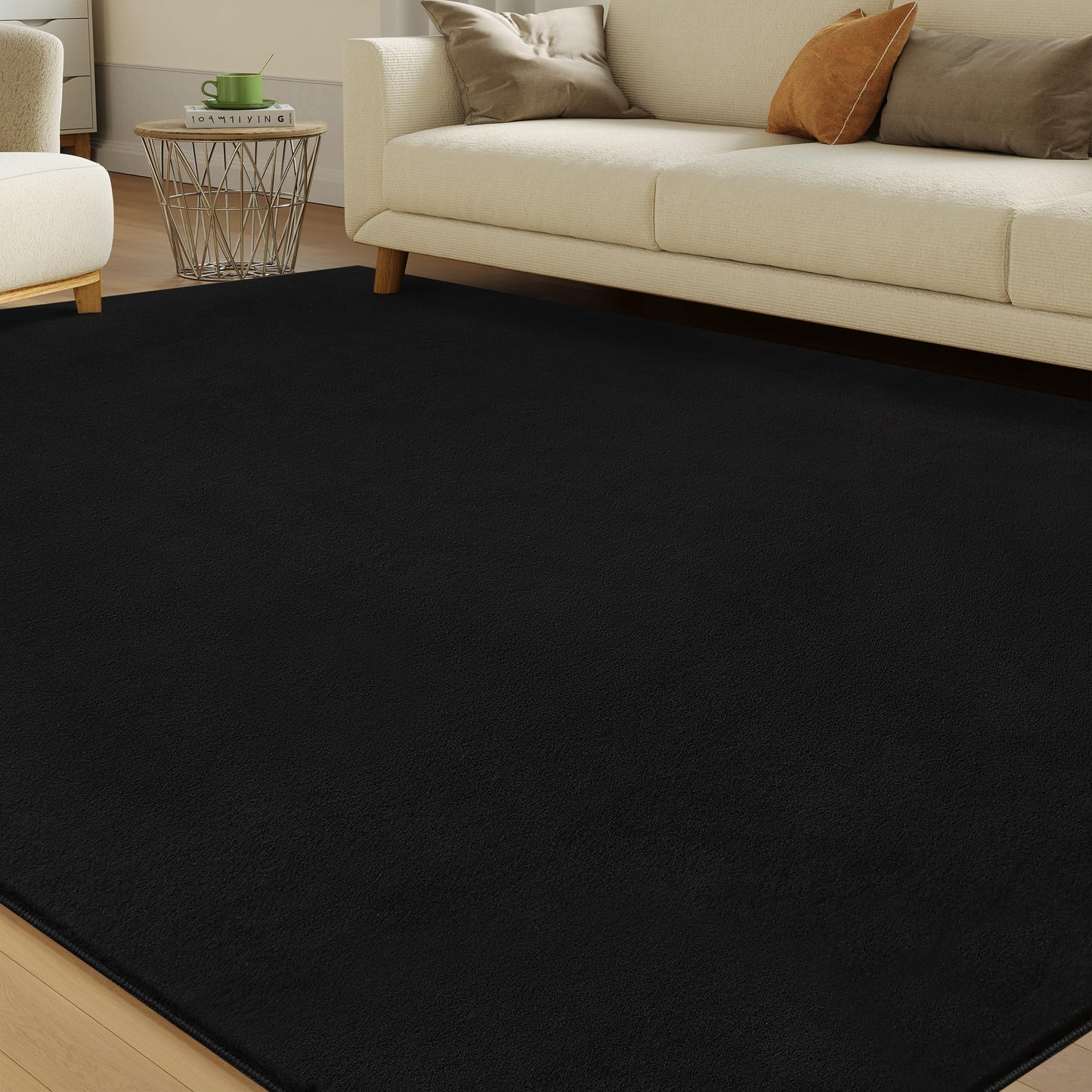 CASTLYE Solid Washable Area Rug - 8x10 Medium Pile Faux Cashmere Carpet for Living Room Bedroom, Black
