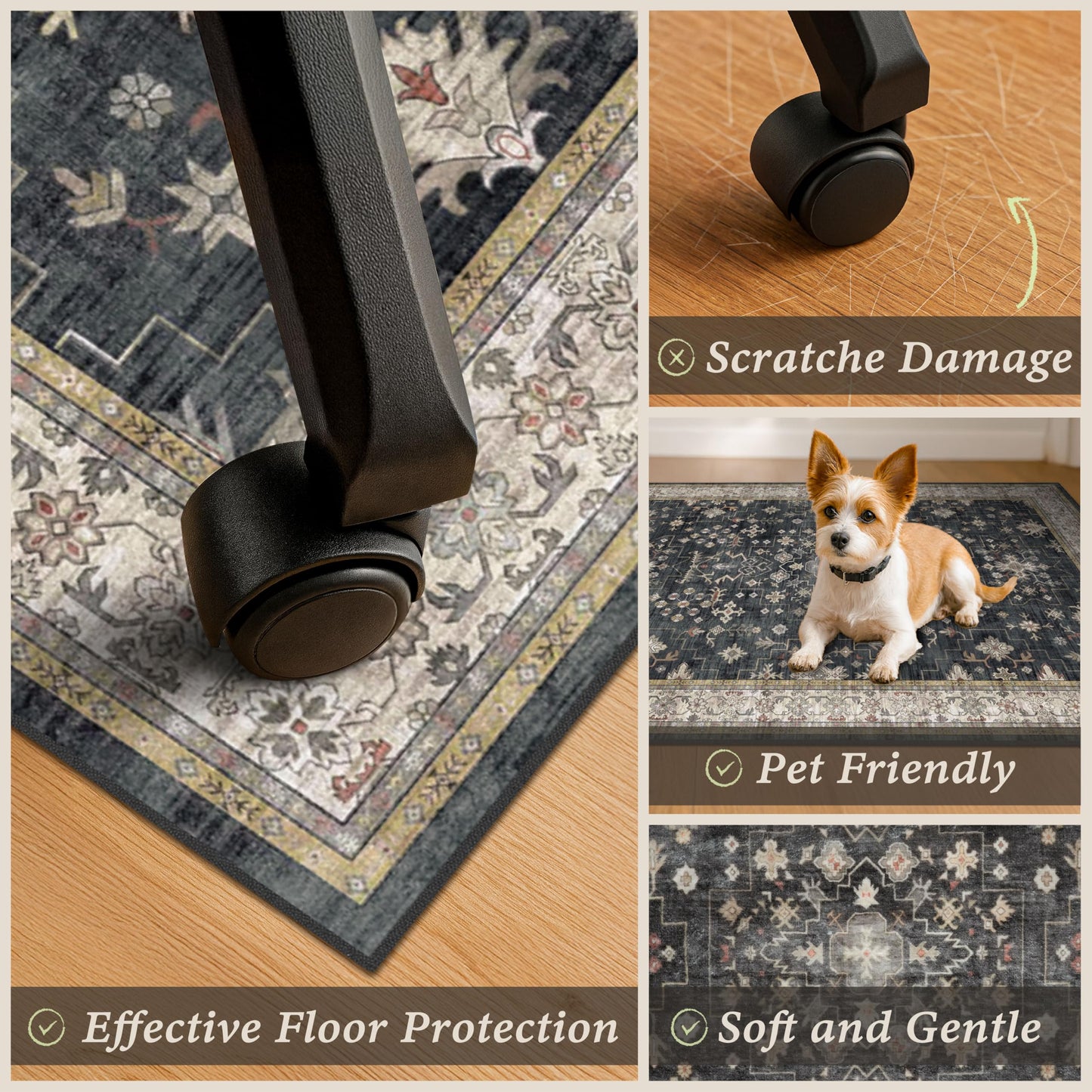 3x4 Black Boho Office Chair Mat for Hardwood Tile Floor - Ultra-Soft Low Pile Desk Rug with Non-Slip Backing, 36''x48'' Machine Washable Area Rug and Floor Protector for Rolling Computer Chair Mat