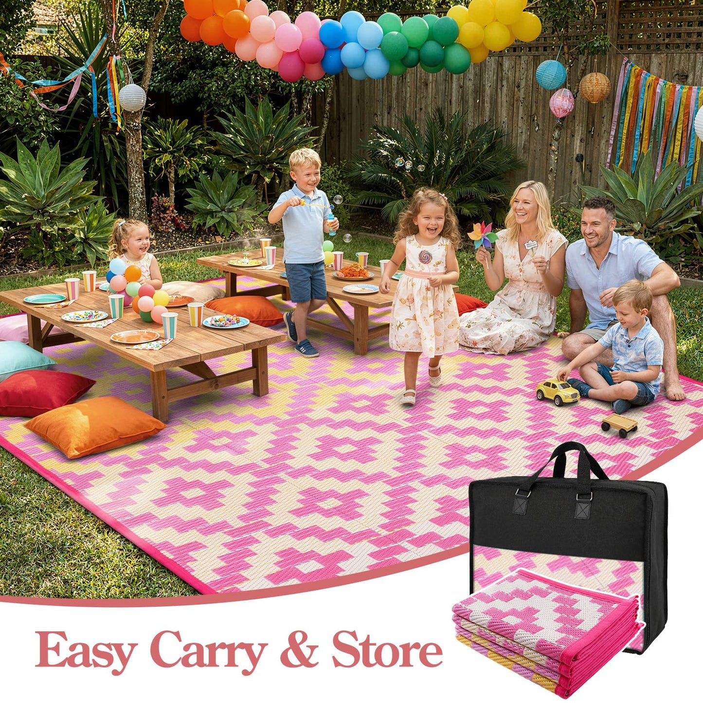 Wonnitar Outdoor Rugs 8x10 Waterproof Plastic Straw Rug, Large Outdoor Camping Rug for RV, Reversible Portable Outside Lightweight Area Rug for Backyard Balcony Beach Picnic, Orange/Pink