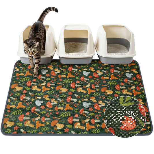 Unicorn Catcher 40X30in Cat Litter Mat Machine Washable Soft 3D Air Mesh Litter Box Rug Non-Slip Backing Quick Dry Scatter Control for Paws,Green Mushrooms