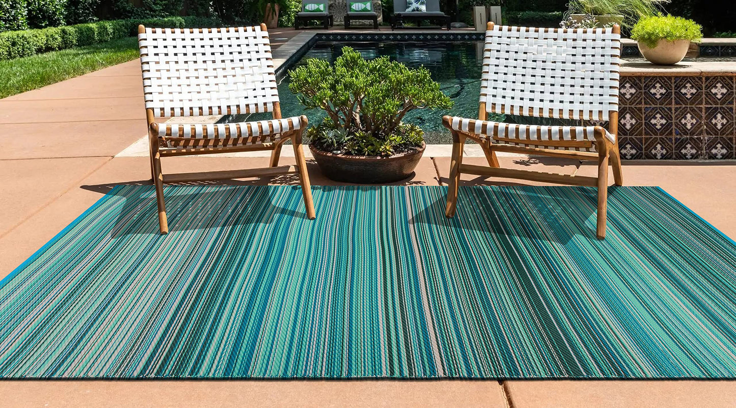 Rugshop Contemporary Stripe Reversible Crease-Free Waterproof Premium Recycled Plastic Outdoor Rugs for Patio,Backyard,RV,Deck,Picnic,Trailer,Beach,Camping Blue 3' x 5'