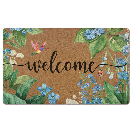 XLDLIOO Blue Spring Floral Door Mat, Hummingbird Botanical Flower Welcome Front Door Mat Indoor Outdoor Entrance, Spring Artificial Coir Doormats Rugs for Porch Entryway Decor 30x17in