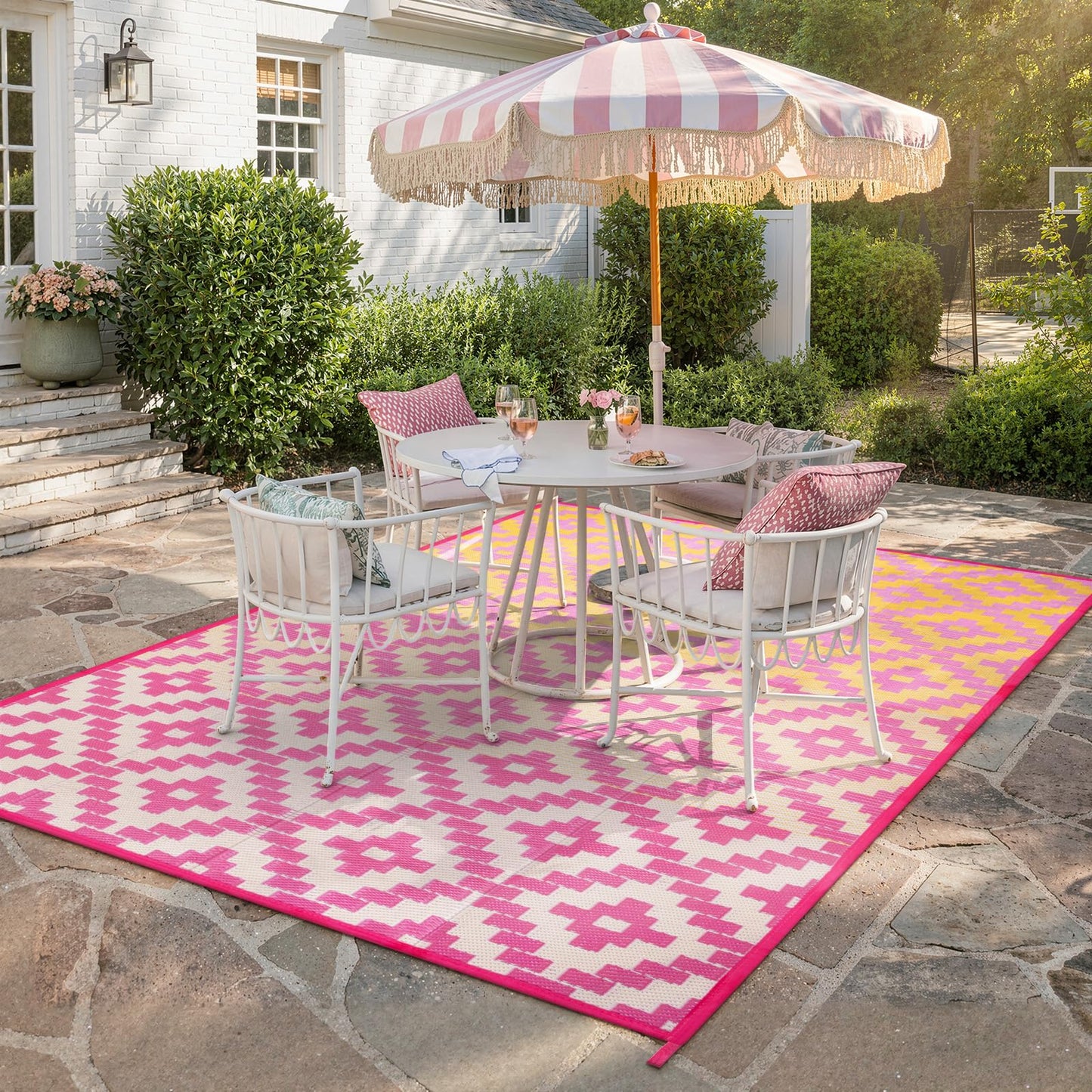 Wonnitar Outdoor Rugs 8x10 Waterproof Plastic Straw Rug, Large Outdoor Camping Rug for RV, Reversible Portable Outside Lightweight Area Rug for Backyard Balcony Beach Picnic, Orange/Pink