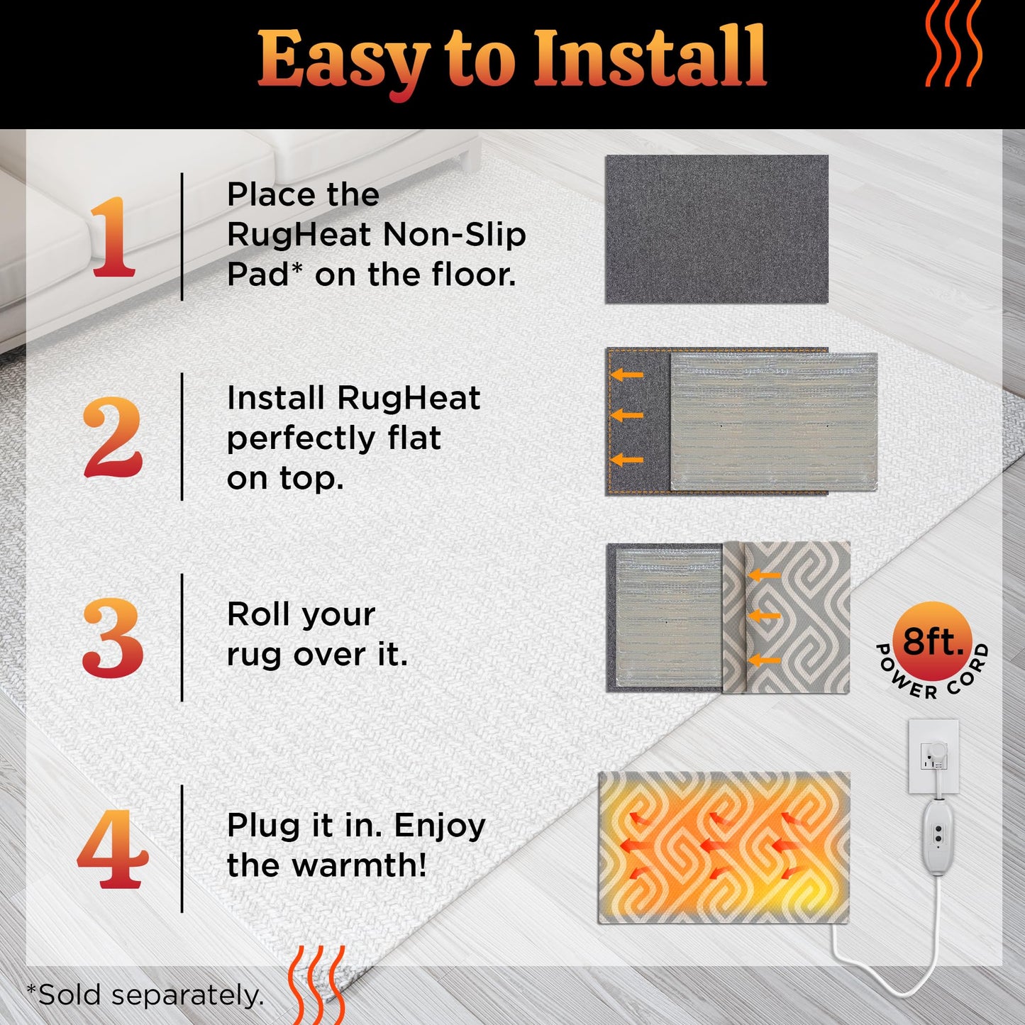 RugHeat Portable Heated Floor Mat, Runner (22x89 inches) Fits Under a 2'x7.5' Runner - Under-Rug Pad for Runner Next to Couch, Heated Rug, Electric Radiant Floor Heater for Area Rugs, Heating Mat