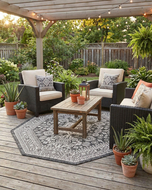 Rugs.com - Outdoor Aztec Rug – 5 Ft Octagon Charcoal Gray Washable Indoor/Outdoor Rug – Flatweave Geometric Design for Patios, Decks, and Porches