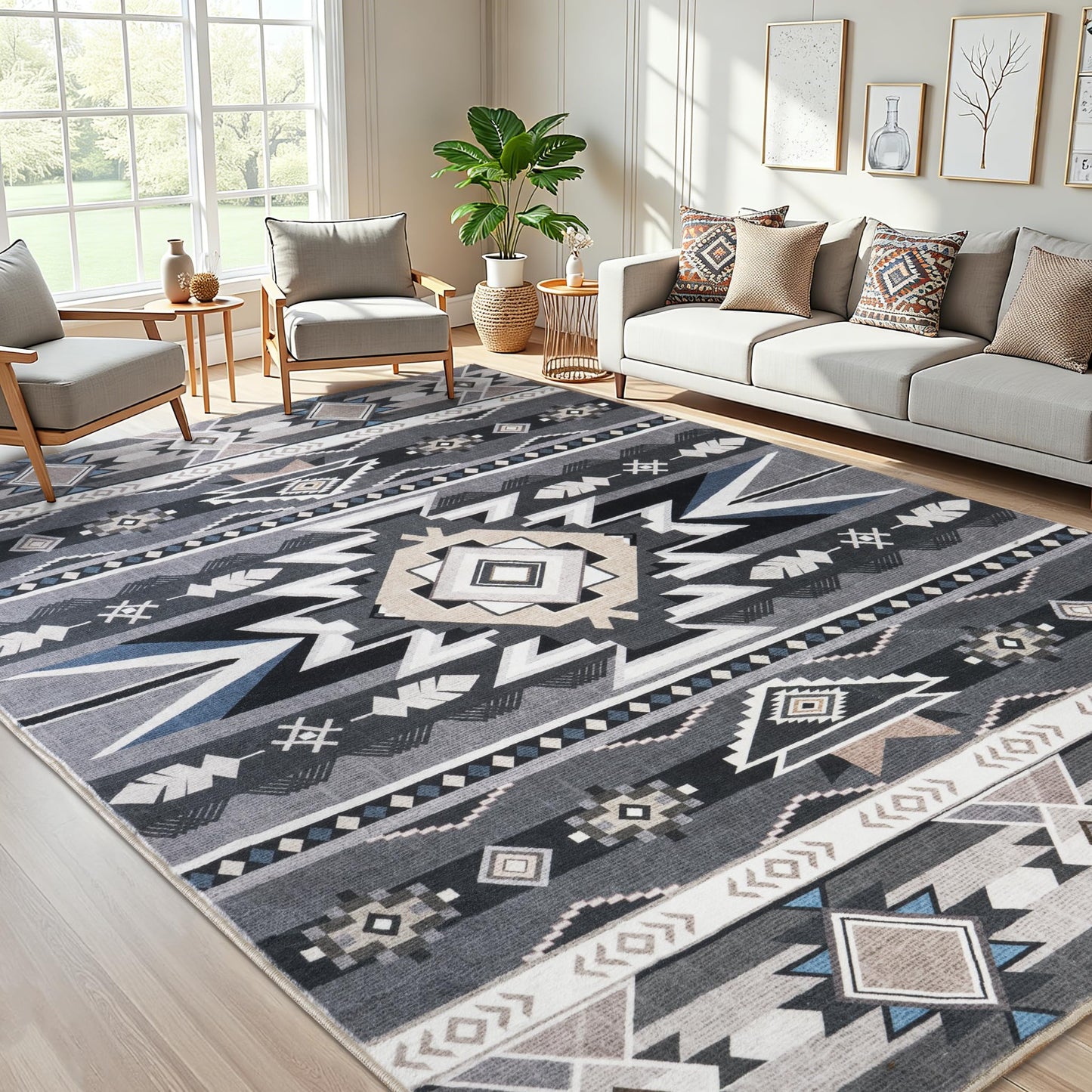 Western Rug for Living Room, 6x9 Non Slip Low Pile Aztec Rug for Bedroom, Dining Room Rugs for Under Table, Office, Large Machine Washable Area Rugs, Grey