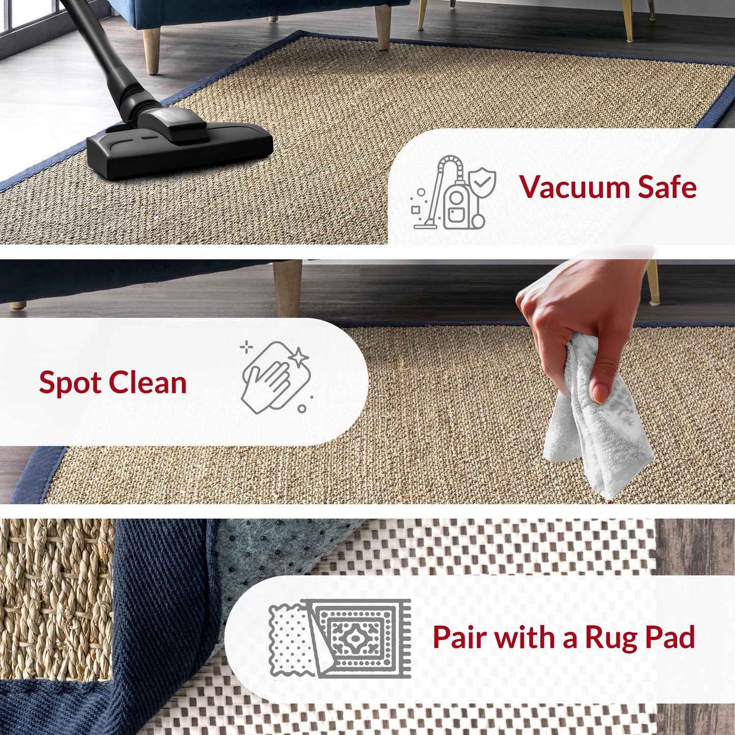 Nuloom Elijah Navy/Natural, 4' x 6', Basketweave, Seagrass, Soft and Textured, High Traffic, Stain Resistant, Easy Clean, Durable Area Rug for Bedroom, Living Room, Dining, Den, Foyer, Entryway