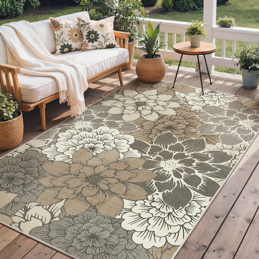 GENIMO Indoor Outdoor Area Rug 5'x8', Machine Washable Rugs for Patio, Waterproof, Non-Slip Easy Cleaning Floral Outdoor Mat Carpet for Living Room, Bedroom, RV, Balcony, Deck, Camping, Coffee Beige