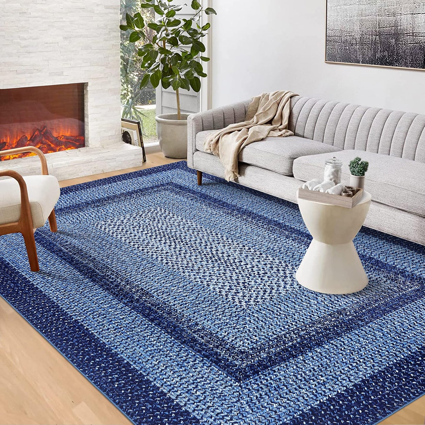 GlowSol 5x7 Area Rugs Washable Rugs Modern Geometric Throw Rug Modern Ombre Braided Rug for Living Room Non Slip Bedroom Rug Non-Shedding Carpet Accent Rug for Dining Room Kids Playroom Office,Navy