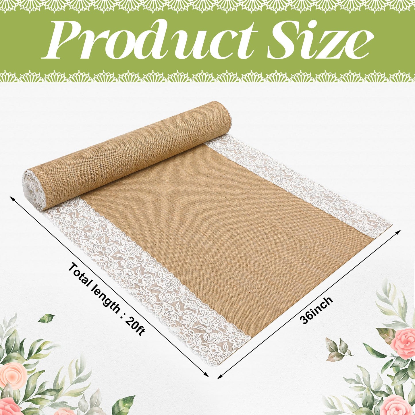 moonoom 20 Ft x 36 in Natural Burlap Wedding Aisle Runner, Rustic Jute Weddings Runway Carpet with Lace, Ceremony Burlap Carpet Roll for Beach Garden Church Reception Craft Decor