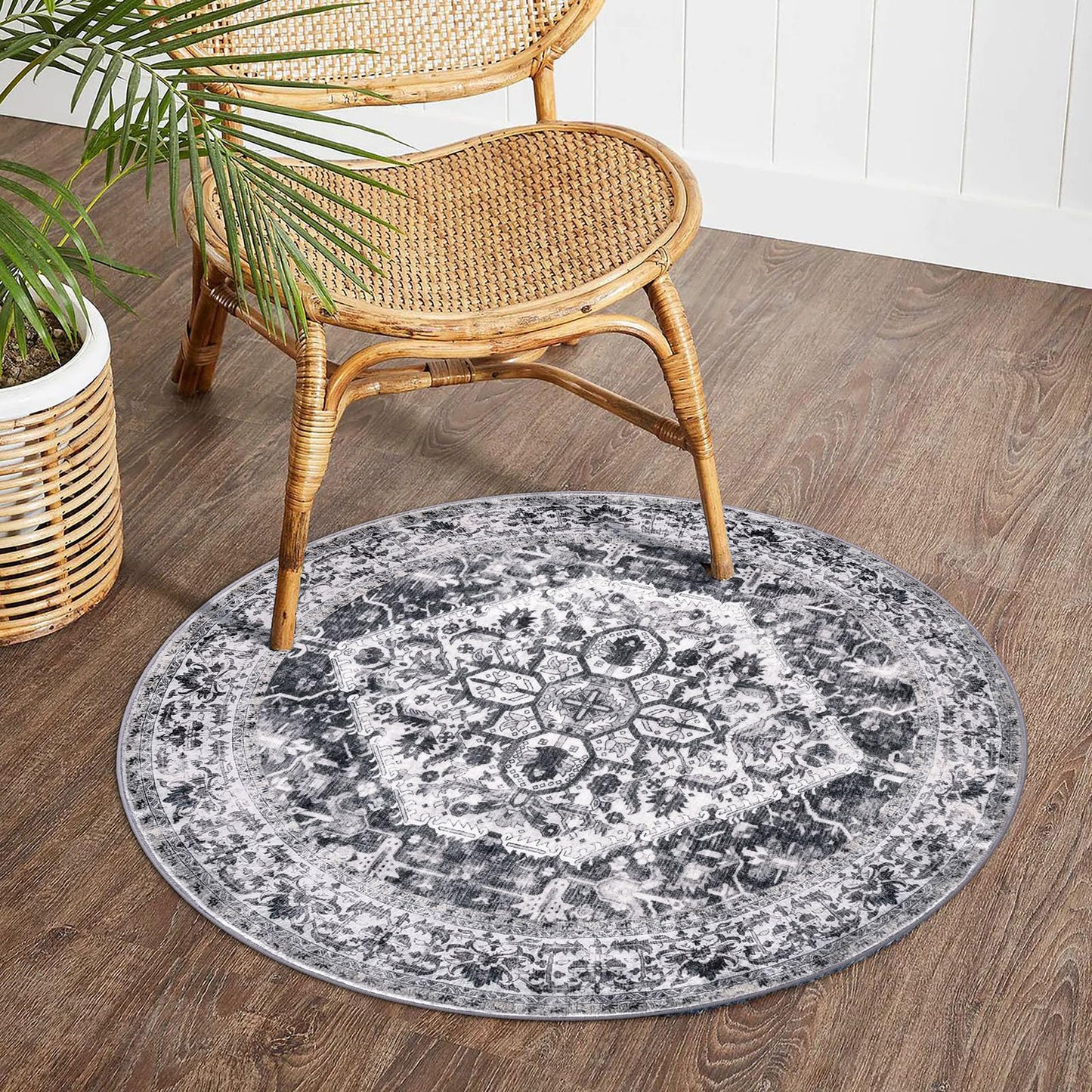 KOZYFLY Round Rug 3 Ft Rugs for Entryway Washable Circle Entrance Rug Non Slip Round Doormat Indoor Printed Faux Wool Round Front Door Mat Floor Carpet for Backdoor, Entryway, Bedroom, Grey