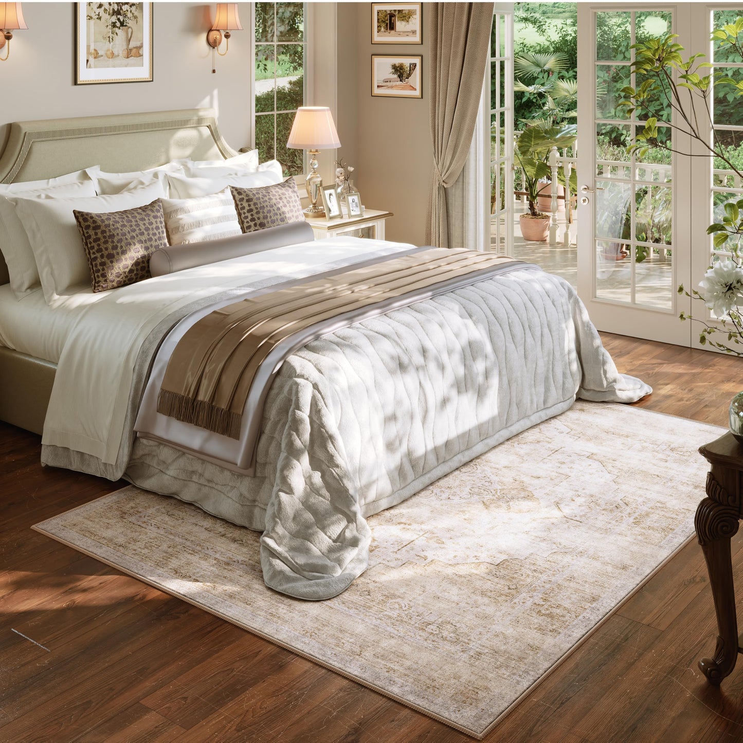 5x7 Washable Vintage Area Rug - Distressed Medallion Rugs Non-Slip Soft Stain Resistant Carpets for Living Room Bedroom Playroom Dining Room Office, Beige