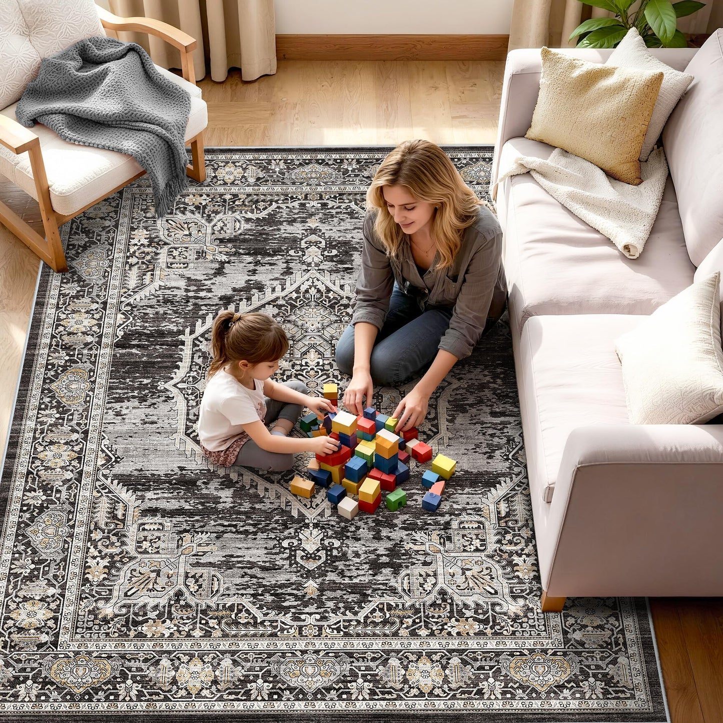 Washable Area Rugs 5x6 Entryway: Soft Ultra Thin Low Pile Mat Machine Washable Indoor Doormat Lightweight Entry Rug Anti Slip Backing Rugs for Living Room Bedroom Kitchen 5'x6' Black