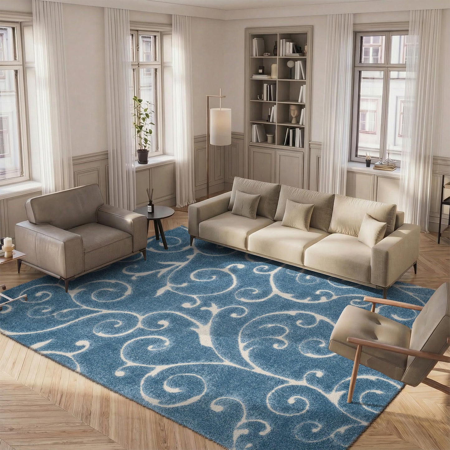 SAFAVIEH Area Rug 9x12 - Florida Shag Collection - Large - Light Blue & Cream, Scroll Design, Non-Shedding & Easy to Clean, High-Low Plush Pile, Ideal for Living Room, Bedroom, Dining (SG455-6011)