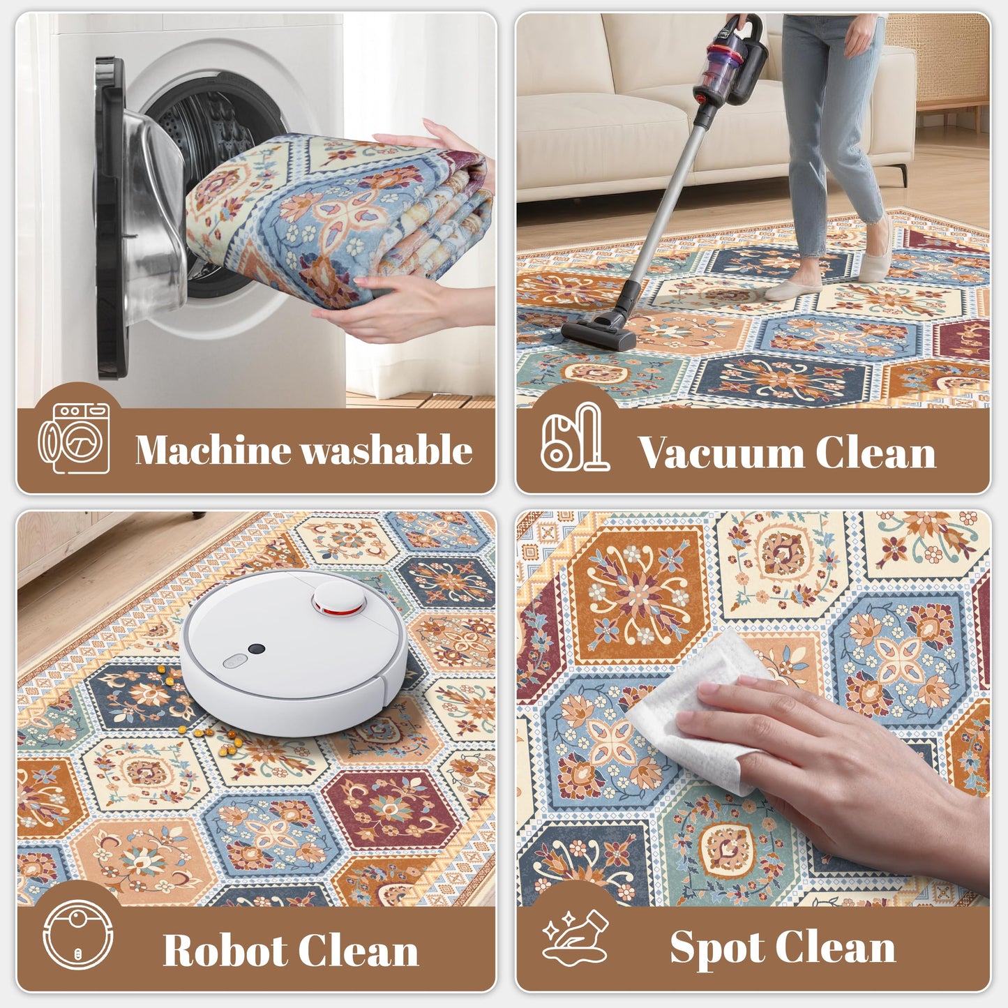TTelephant 3x5 Washable Rug, Soft Non-Slip Boho Moroccan Rug, Low-Pile Printed Indoor Throw Rugs for Entryway, Kitchen, Bedroom Bedside, Entrance- Multi