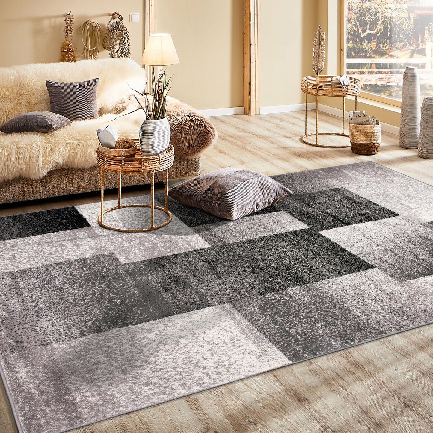 Rugshop Gray Large Modern Distressed Boxes Area Rug, Soft Stain-Resistant Pile for Living Room, Office and Dining Room, 8' x 10'