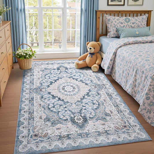 Macgace 4x6 Area Rug for Bedroom, Machine Washable Rugs with Non-Slip Backing for Living Room, Soft Vintage Carpet Kitchen Laundry Kids Room Decor, Blue & Beige