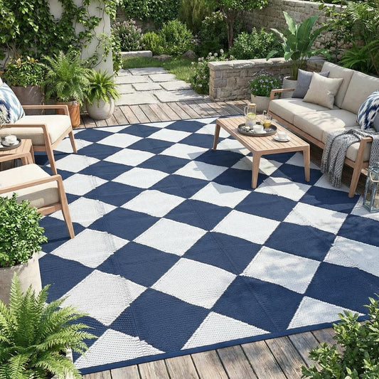 Garvee 9x12 Outdoor Rug for Patio Plastic Straw Rug Waterproof Reversible Mat Lightweight Foldable Carpet Easy Clean Large Rugs for Patio Porch Backyard Camping RV Beach Balcony Deck Checkered Navy