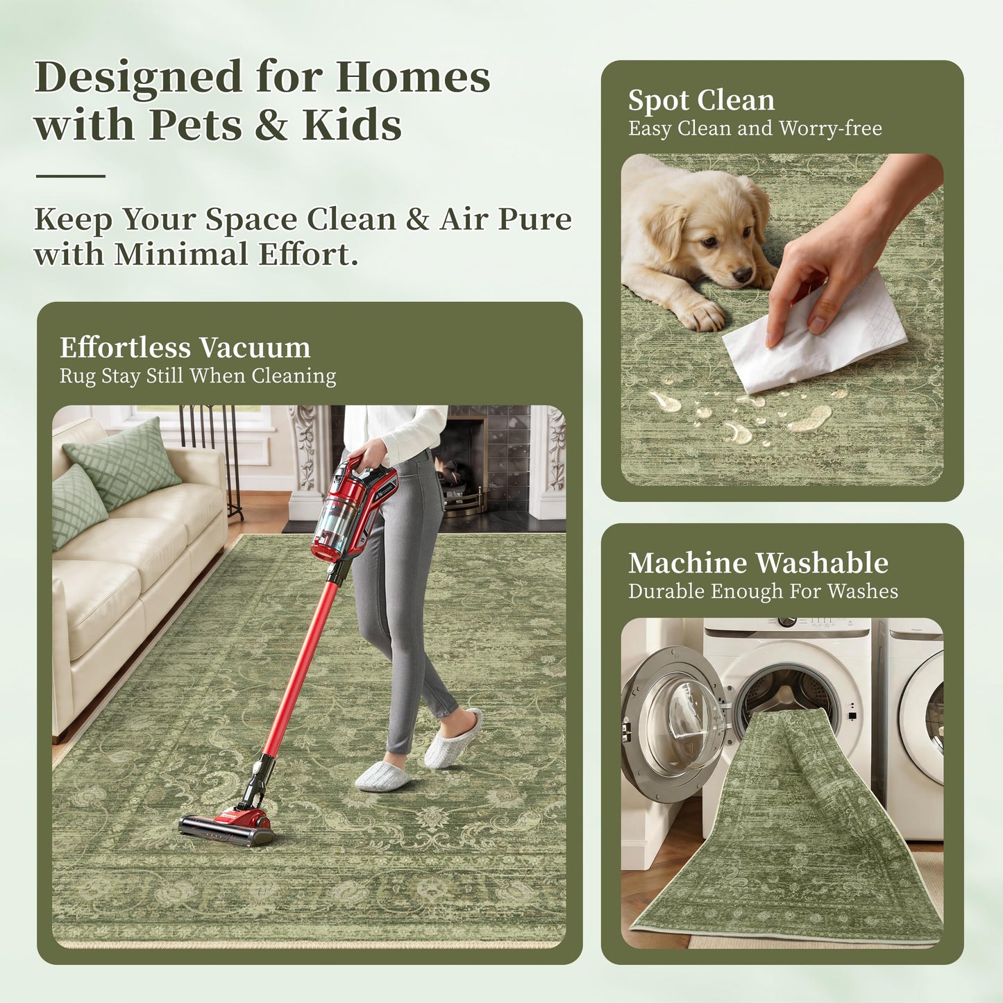 TTelephant Washable Rugs 5x7, Vintage Medallion Carpet for Bedroom, Living Room and Dining Room, Low Pile Sage Green Rug with Non-Slip Silicone Backing, Non-Shedding Stain Resistant