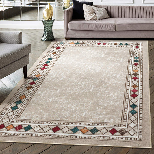 Antep Rugs Alfombras Modern Bordered 8x10 Non-Skid (Non-Slip) Low Profile Pile Rubber Backing Indoor Area Rugs (Beige, 7'10" x 10')