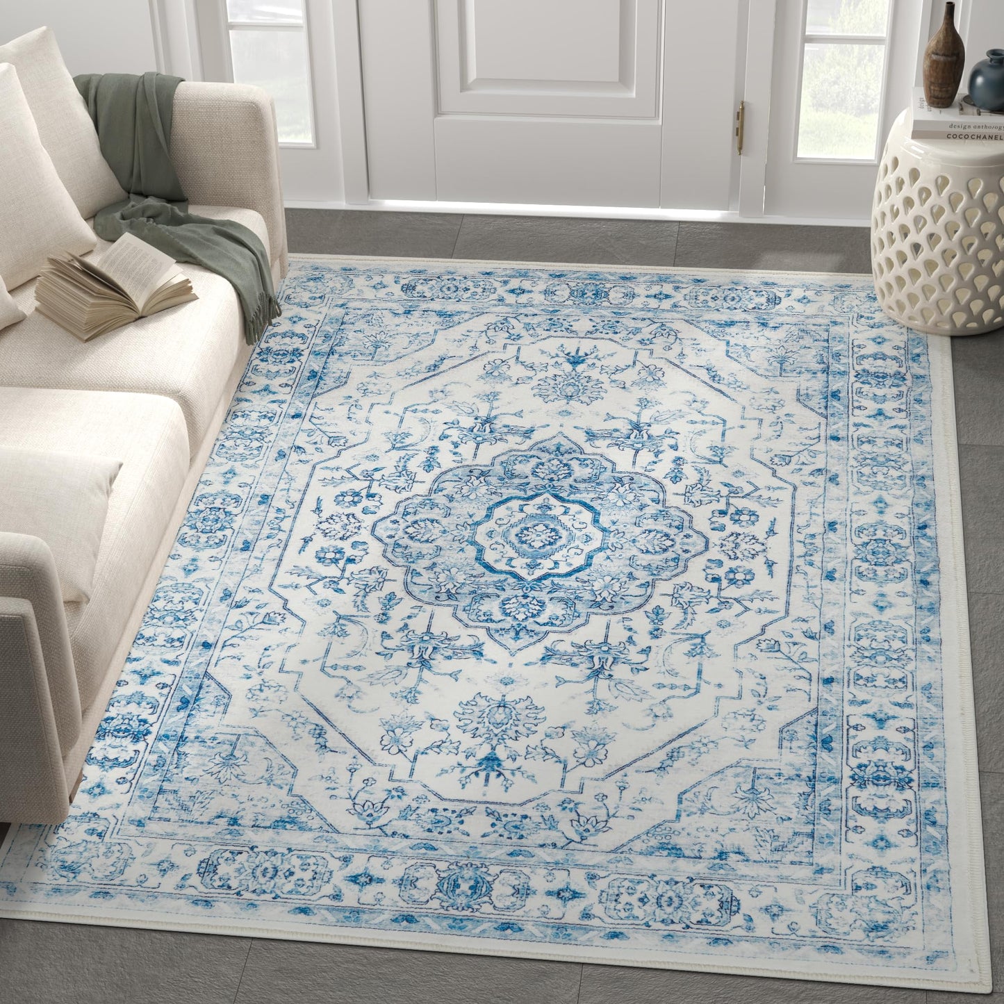 jinchan Area Rug 5x7 Medallion Floral Washable Rug Non Slip Vintage Soft Carpet for Living Room Bedroom Dining Room Distressed Blue