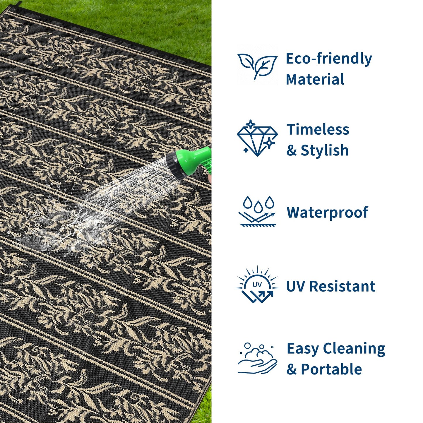 Garvee Outdoor Rugs 5x8 Waterproof Reversible Mat Boho Leaf Patio Rug with 4 Stakes and Starage Bag, Large Outdoor RV Mat Rugs for Camping, Picnic, Balcony, Deck, Backyard, Black & Brown