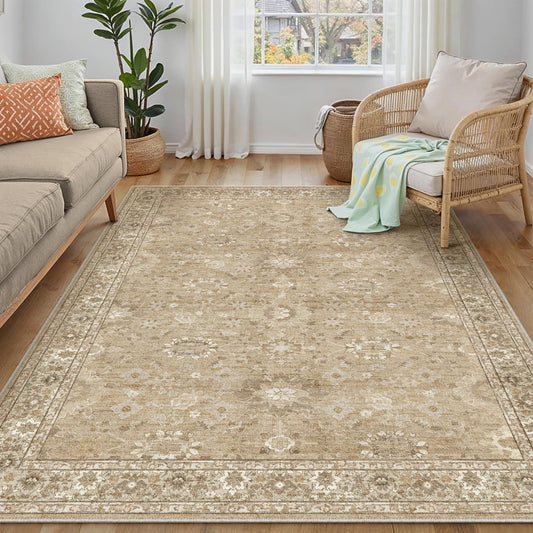PureCozy 4x6 Brown Area Rug Non Slip Vintage Office Entryway Rug Distressed Machine Washable Kitchen Carpet Retro Traditional Floral Accent Throw Door Mat for Bedroom Bathroom Dining Living Room