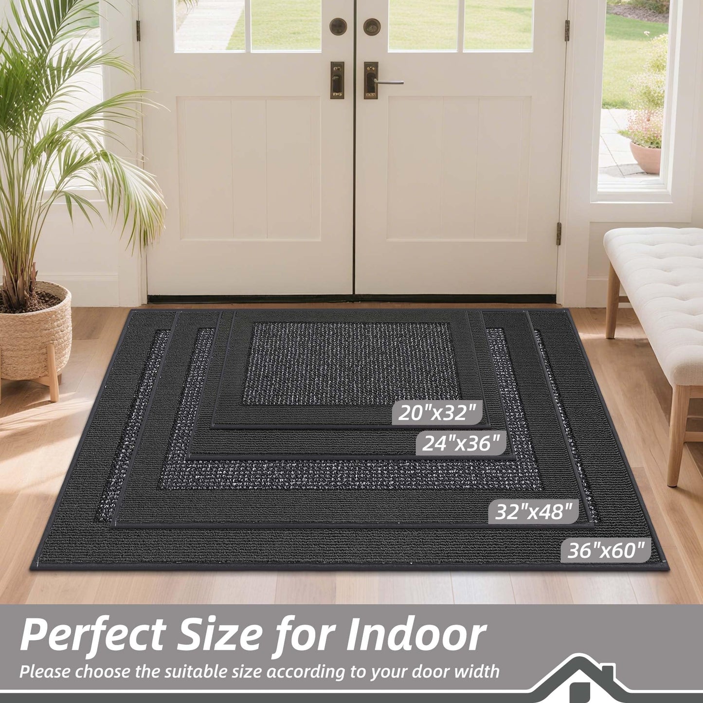 BEQHAUSE Indoor Door Mat 20"x32"+20"x32", Non-Slip Entryway Rugs Low-Profile Washable Floor Mat Stain-Resist Absorbent Welcome Mat for Front Back Door, Entrance, Living Room, Laundry Room, Charcoal