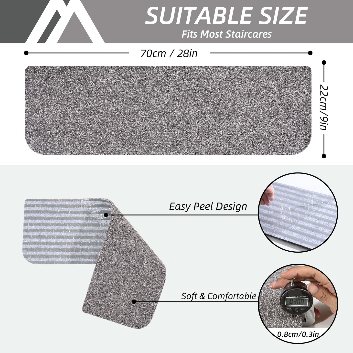 COSY HOMEER Stair Treads Non-Slip Carpet Mat 28inX9in Indoor Stair Runners for Wooden Steps, Stair Rugs for Kids and Dogs, 100% Polyester TPE Backing 4pcs,Grey,Protect Floor
