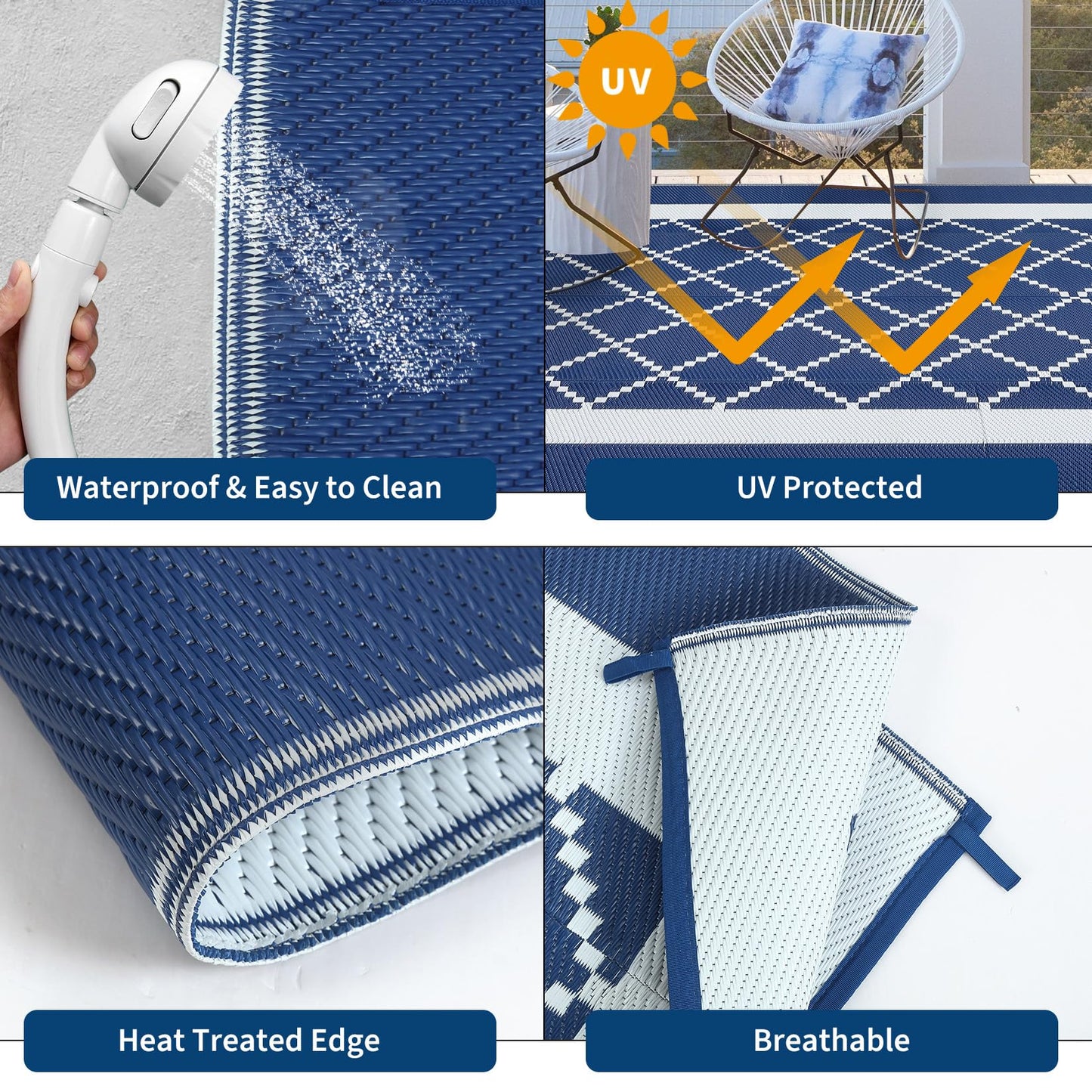 GAOMON Outdoor Plastic Straw Rug 9x18 Waterproof Patio Rug Reversible Camping Mat, Foldable Portable RV Picnic Carpet with Bag & 4 Stakes, UV Resistant Outside Carpet for Deck Balcony, Navy