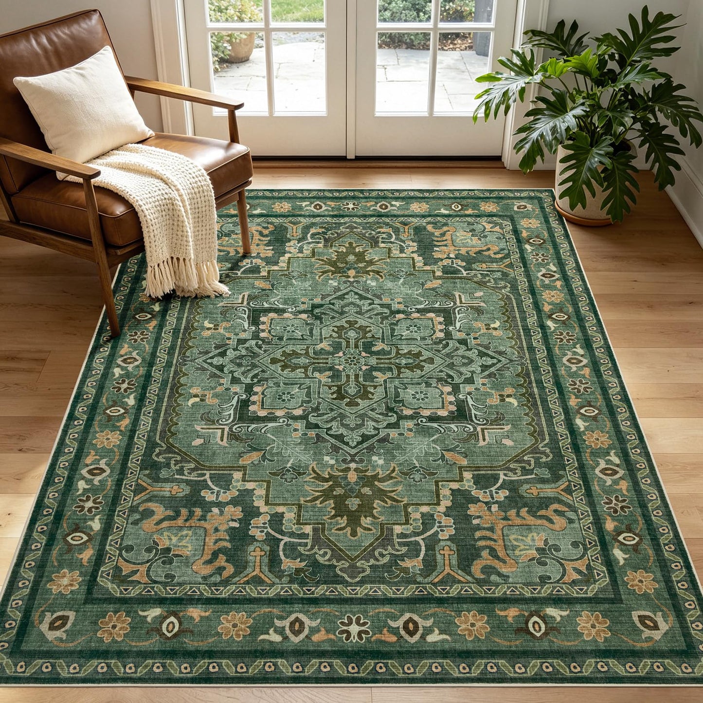Joydeco Area Rugs 6'x9' Washable Non-Slip, Floral Vintage Distress Medallion Carpet for Living Room Bedroom Dining Room, Green&Beige&Dark Gray