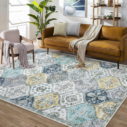 ROYHOME Area Rug 5x7 Moroccan Trellis Machine Washable Vintage Medallion Distressed Floor Cover Carpet Stain Resistant Non-Slip Accent Rug Farmhouse Coffee Table Rug Decor, Blue/Yellow