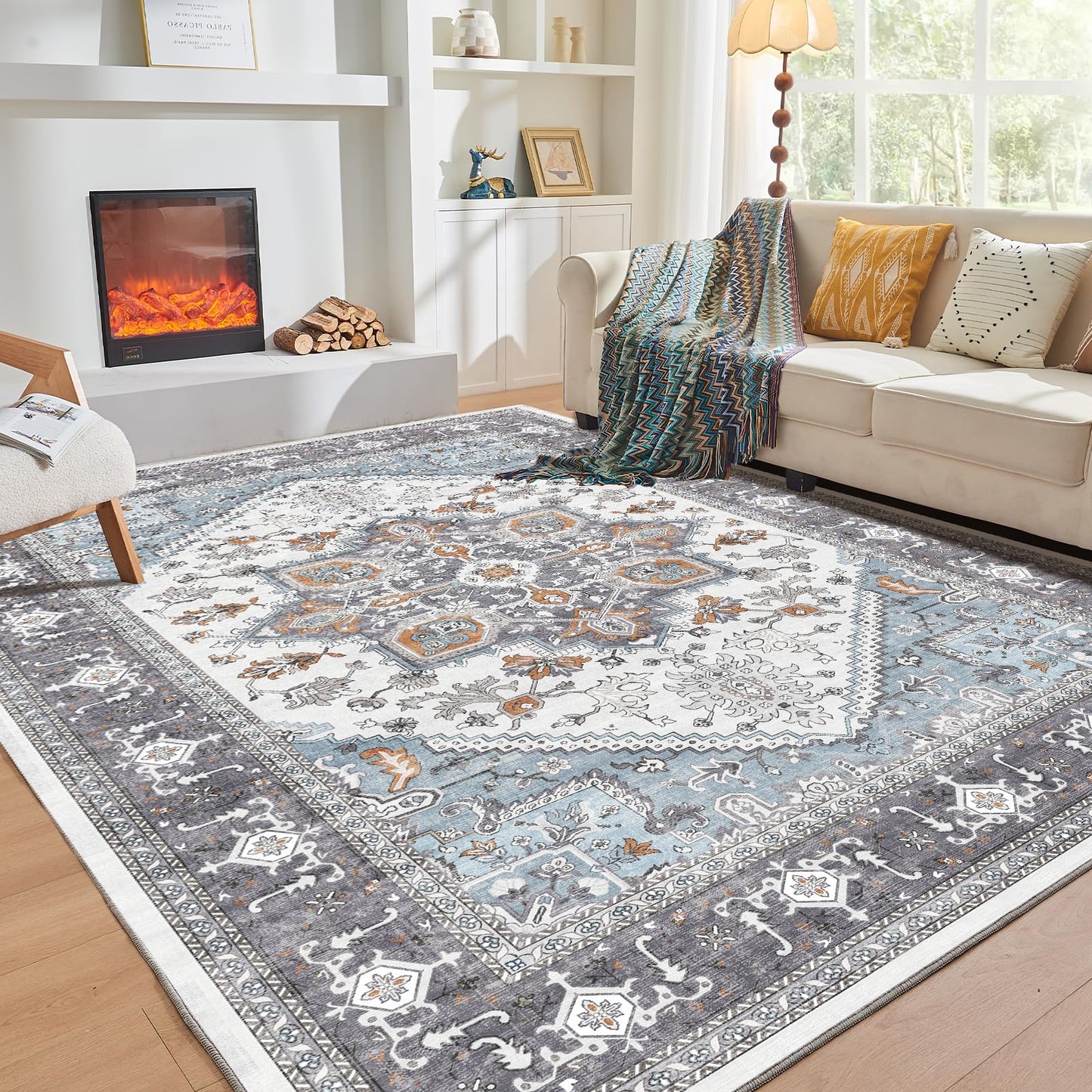 OPPODREAM Soft Area Rugs 5x7, 5x7 Washable Rug with Non Slip Backing, 5 x 7 Faux Cashmere Low-Pile Carpet, Grey & Teal & Yellow