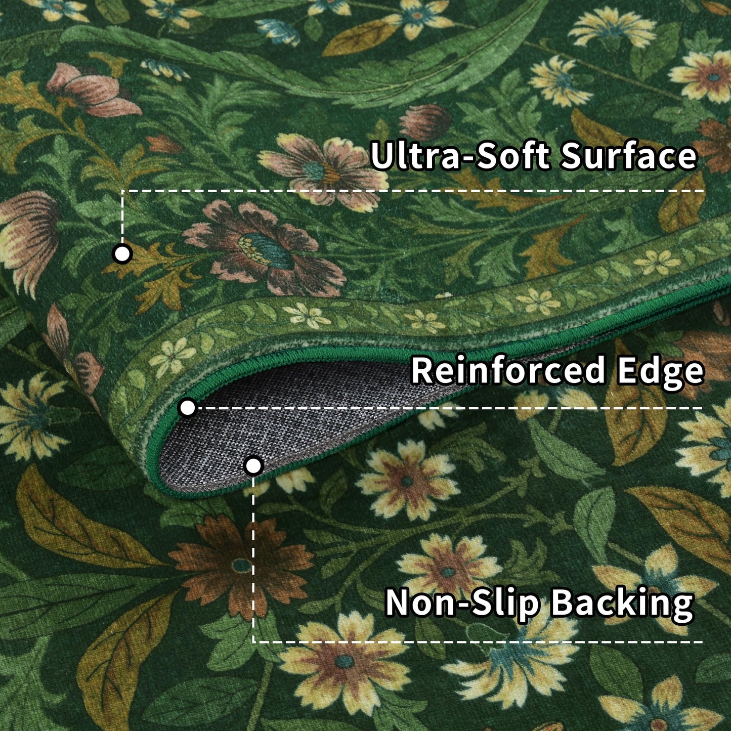 9x12 Dark Green Vintage Floral Area Rug,Washable Large Boho Living Room Rugs,Botanical Print Non-Slip Stain Resistant Lightweight Carpet for Bedroom Dining Room Nursery
