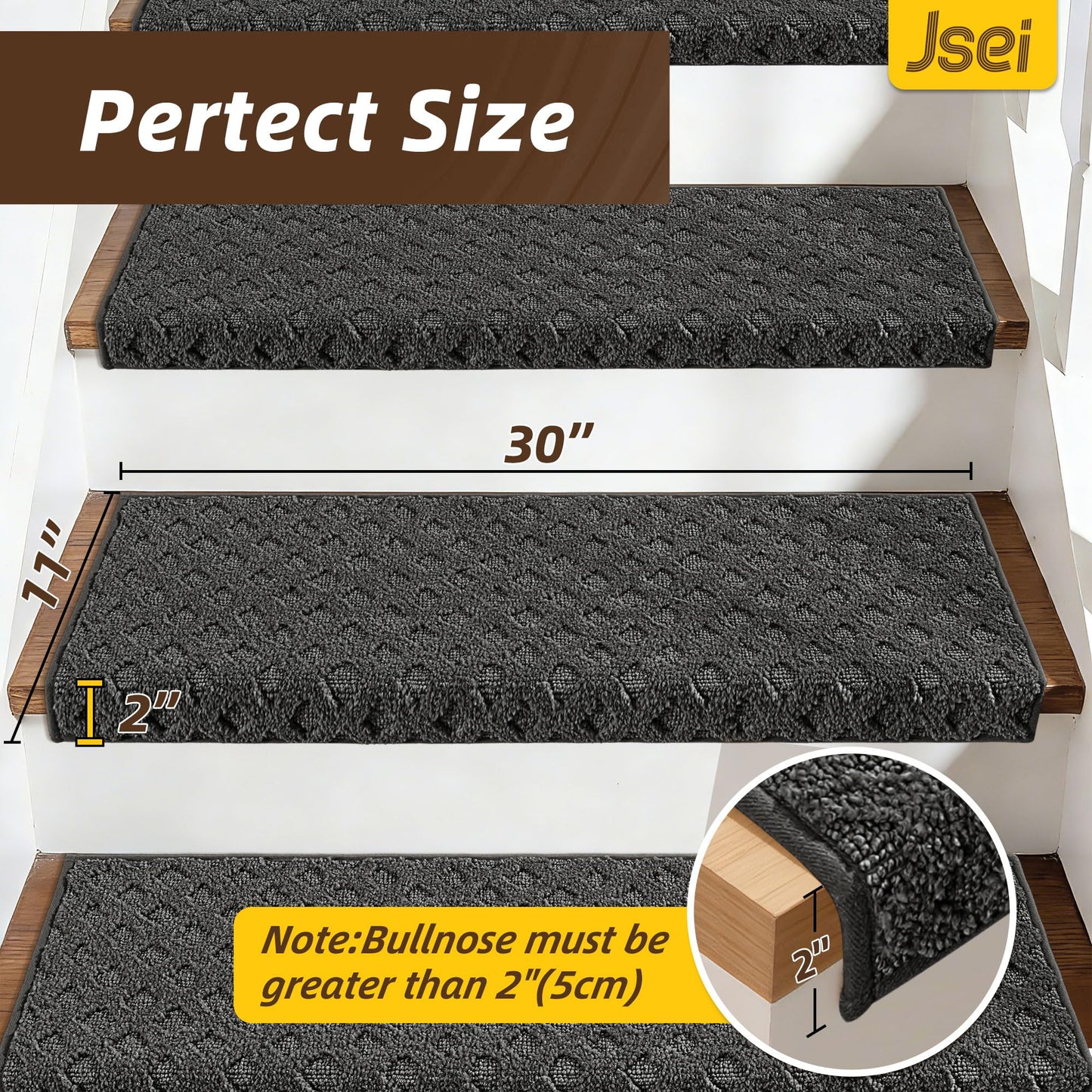 JSEI Bullnose Carpet Stair Treads, 14 Pcs Non Slip Stair Treads for Wooden Steps Indoor with TPE Backing, 11" x 30" Machine Washable Stair Runners with Edge Protection for Kids and Elders, Dark Grey