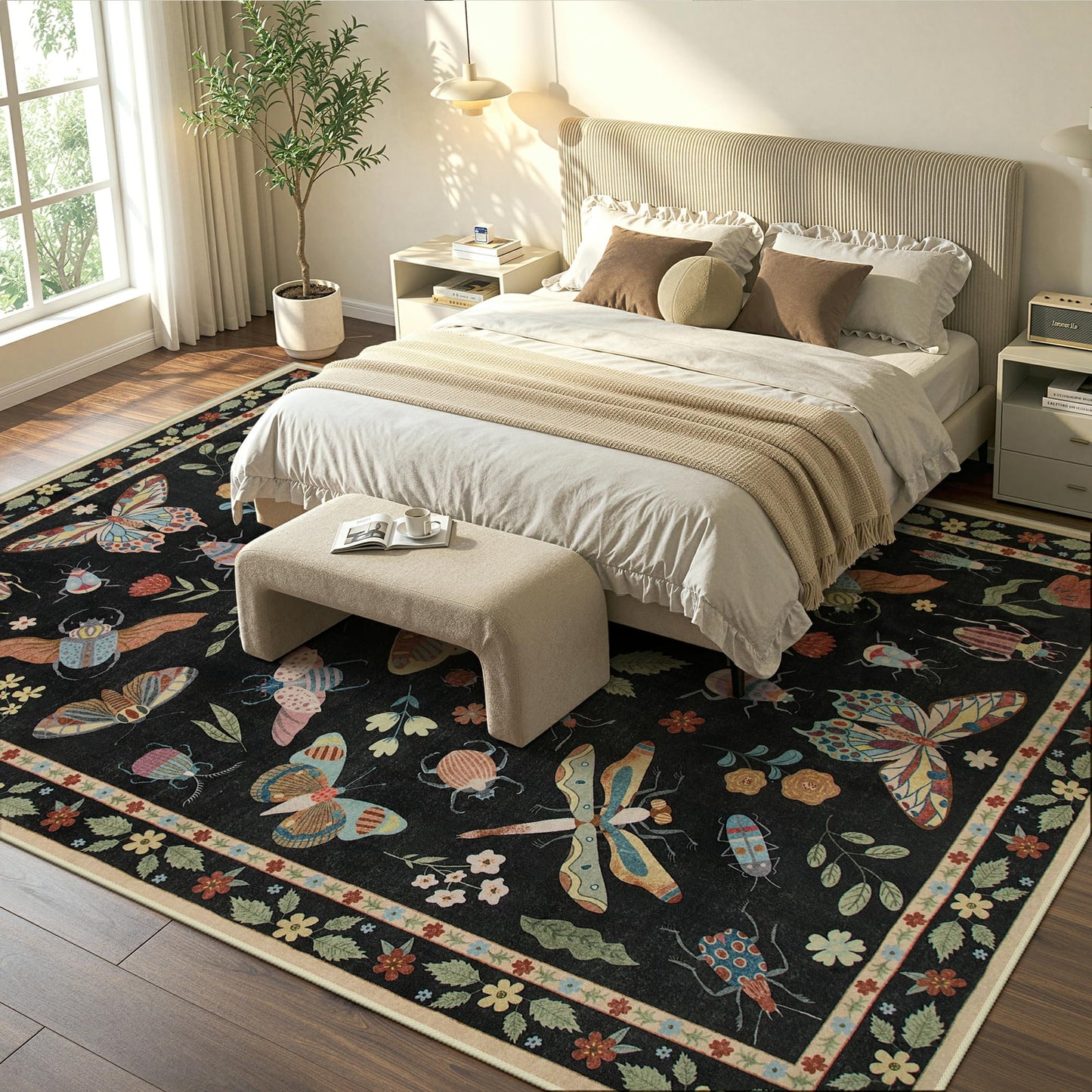 Lahome Insect Washable Rugs for Living Room, Soft Area Rug 6x9 Rug for Bedroom Ultra-Thin Non Slip Dining Room Rug, Stain Resistant Black Rug Large Carpet for Office Nursery Vionnet(6'x9',Black)