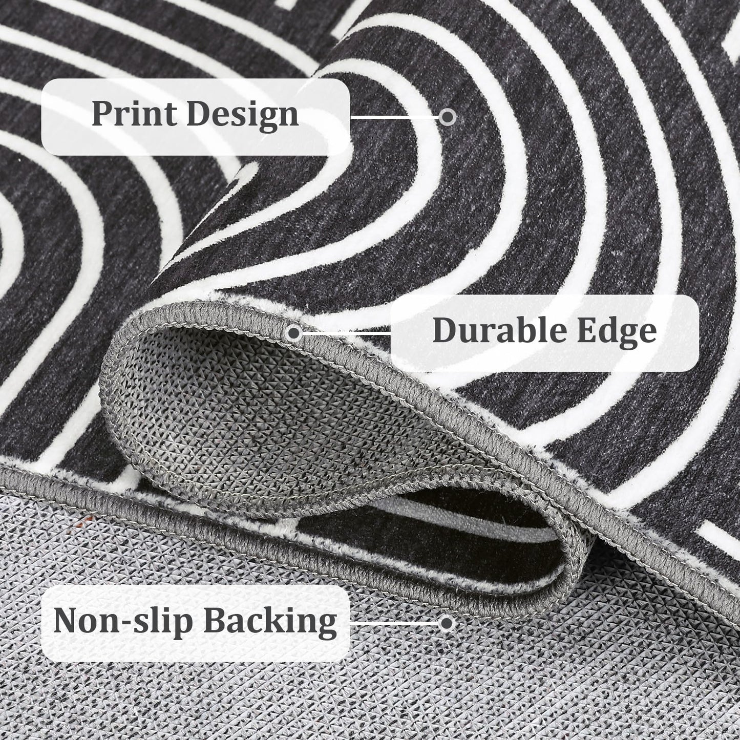 ROYHOME Washable Rug 8x10 Area Rugs for Living Room, Abstract Rug for Bedroom, Soft Rainbow Non Slip Throw Rugs with Rubber Back, Low Pile Stain Resistant Boho Geometric Carpet for Dining Room, Black